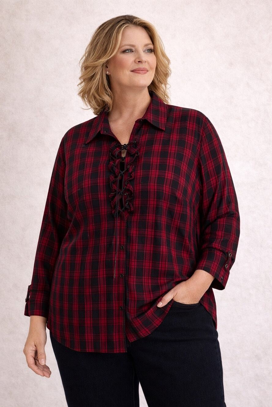 Talbots Woman 18WP Red Tartan Plaid Popover Shirt Ruffled 1/4 Button Preppy